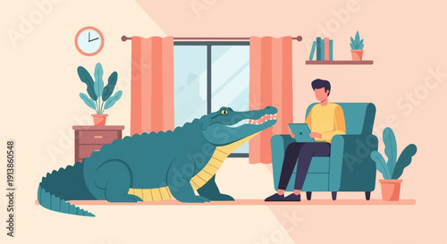 Person relaxing on sofa with a large crocodile in living room