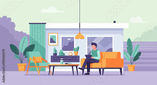 Person relaxing on sofa with laptop and plants in modern living space