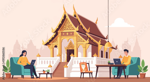 Remote workers in comfy chairs with laptop at ornate temple