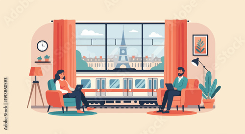 Remote workers enjoy view of Eiffel Tower and train passing by