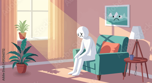 Person sitting in an armchair, looking sad, with plants and a picture on the wall
