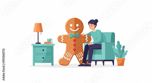 Person sitting in armchair next to a large gingerbread cookie