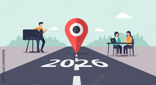 Road ahead with map marker and people working, year 2026