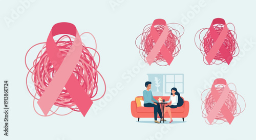 Pink ribbons tangled in knots, with couple conversing at a table