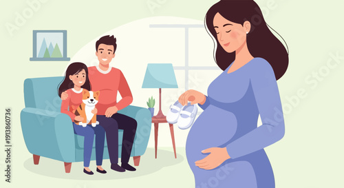 Pregnant woman holds baby shoes, family sits on sofa with dog