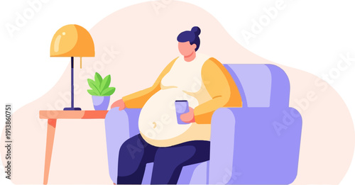 Person sitting in armchair using phone near table with lamp and plant