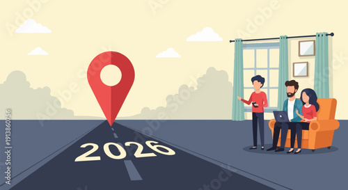Road leads to year 2026, with people and a map marker