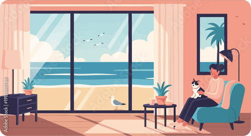 Person sitting with cat by window overlooking beach with seagulls and palm trees