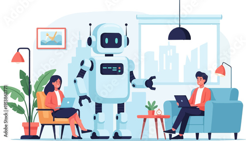 Robot and people working together in a modern office