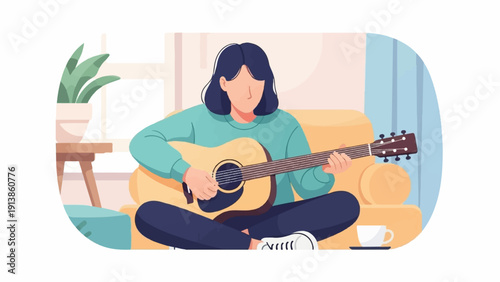Person sitting on couch playing guitar with coffee nearby