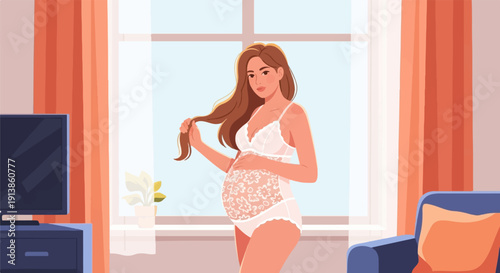 Pregnant woman in lingerie by window with TV and chair