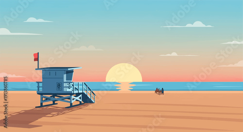 Pixel art beach scene with lifeguard tower and silhouetted couple at sunset
