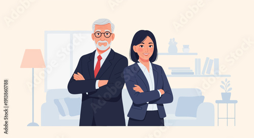 Professional man and woman stand with arms crossed in a modern office