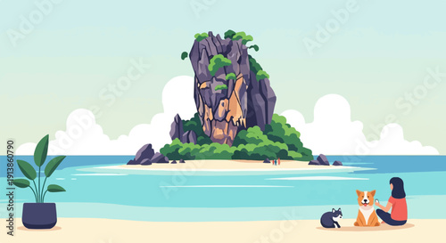 Pixel art beach scene with a woman, dogs, potted plant, and island
