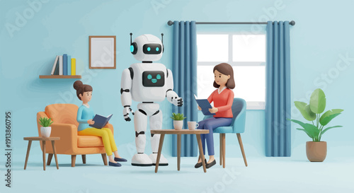 Robot and two women reading books in a living room with plants