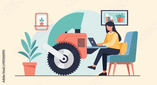 Person using a laptop while sitting on a chair next to a tractor