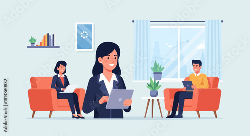 Professionals in a modern office setting discussing ideas on tablets