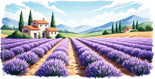 Rolling purple lavender fields lead to quaint houses amidst verdant hills