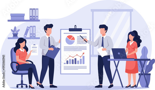 Professionals in office presenting data on a whiteboard and laptop