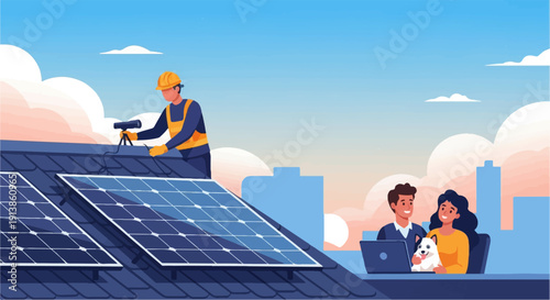 Rooftop solar panel installation with happy family and dog looking at laptop