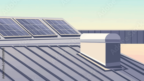 Rooftop with solar panels and ventilation unit under a clear sky