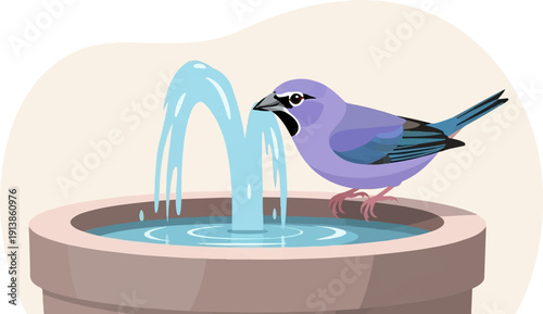 Purple bird drinks from a fountain in a garden