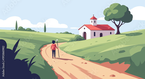 Person walking on dirt path towards a small white church in a hilly landscape