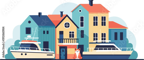 Quaint waterfront houses with boats and a fox