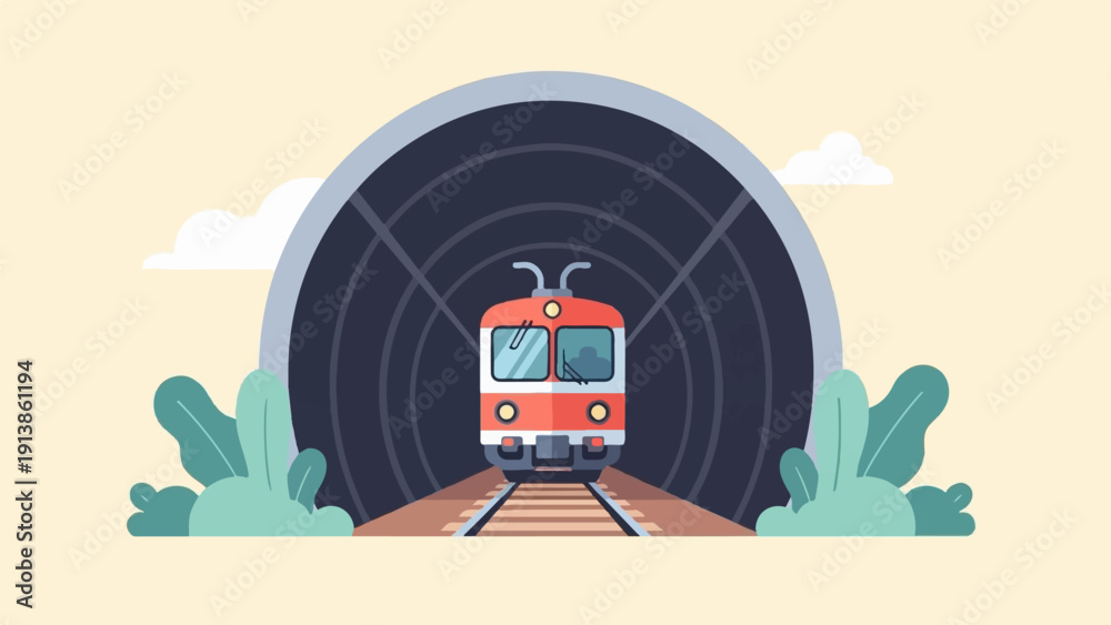 Fototapeta premium Red train emerges from a dark tunnel, flanked by lush green foliage