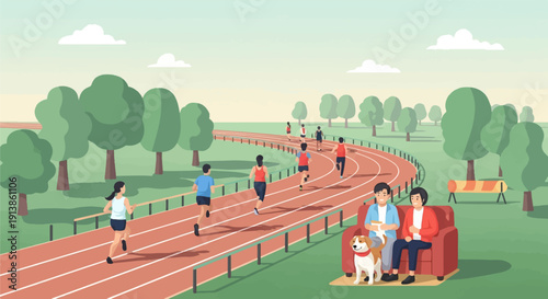 Runners compete on a track while two spectators and a dog relax nearby