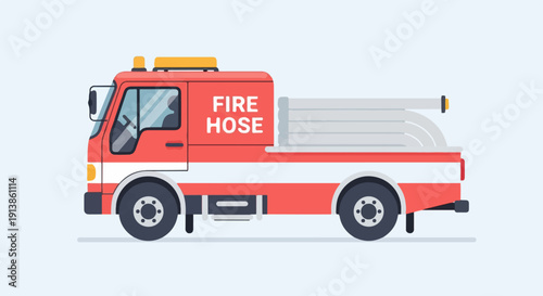 Red fire truck with white hose reel and warning light