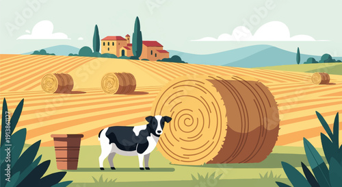 Rural landscape with a cow and hay bales in a field
