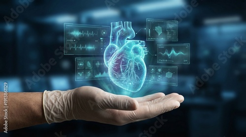 Doctor's hand with white glove holding a glowing holographic human heart, showcasing advanced medical technology and futuristic healthcare innovation for diagnosis and research