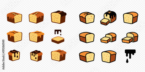 Set of various loaf cakes with different toppings and slices, isolated on transparent background.