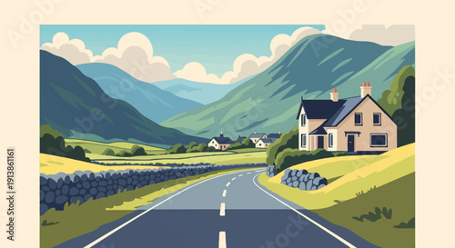 Rural road leads to cozy houses amidst rolling hills and cloudy skies