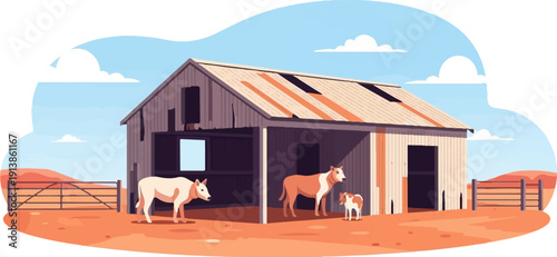 Rustic barn with livestock and arid landscape under a cloudy sky