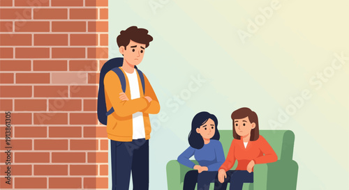 Sad boy with backpack stands near worried women sitting on couch
