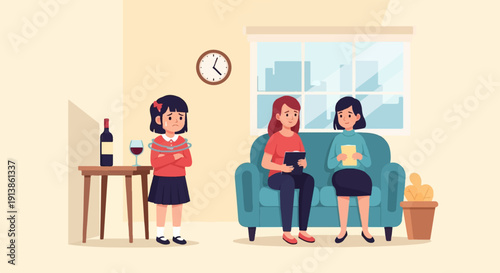 Sad child with arms crossed, a bottle and glass of wine, two women on a couch