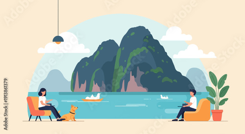 Relaxed people and dog enjoy serene coastal landscape from comfortable seats