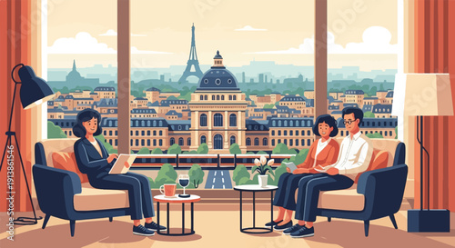 Relaxing conversation overlooking Parisian cityscape with Eiffel Tower view