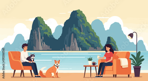 Relaxing by the ocean with pets and drinks amidst scenic mountains