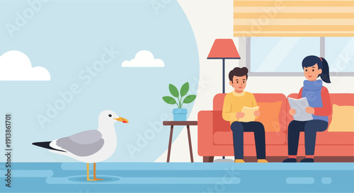 Seagull by the water, two people relaxing indoors on a sofa reading