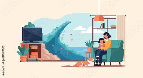 Relaxing indoors with family and a dog, watching a scenic ocean view