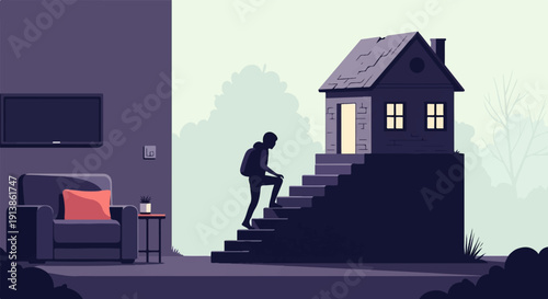 Silhouette of person with backpack climbing steps to illuminated house in misty landscape