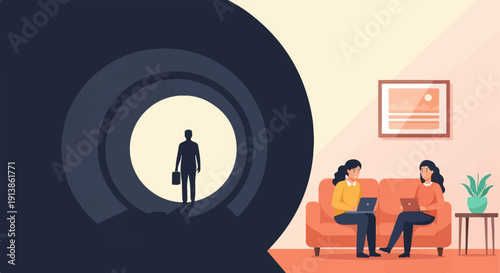 Silhouette of man in tunnel, two women working on laptops on couch