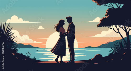 Silhouetted couple embraces on shore with ocean, hills, and sunset sky