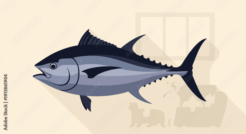 Fototapeta premium Stylized bluefin tuna swims against a backdrop of a window and cats