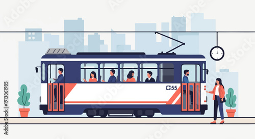 Stylized city tram with passengers and waiting woman by clock