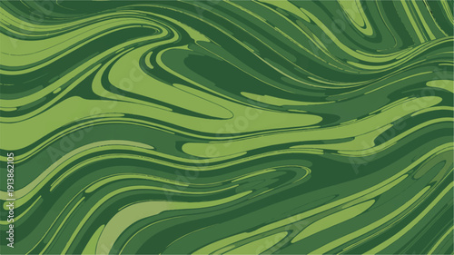 A digital art piece featuring flowing waves, abstract shapes, and vibrant green hues in a modern design, viewed from a close-up perspective indoors