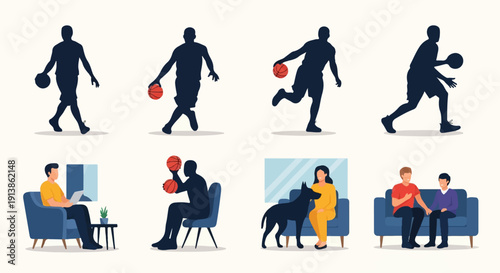 Silhouettes of people playing basketball and relaxing indoors with pets